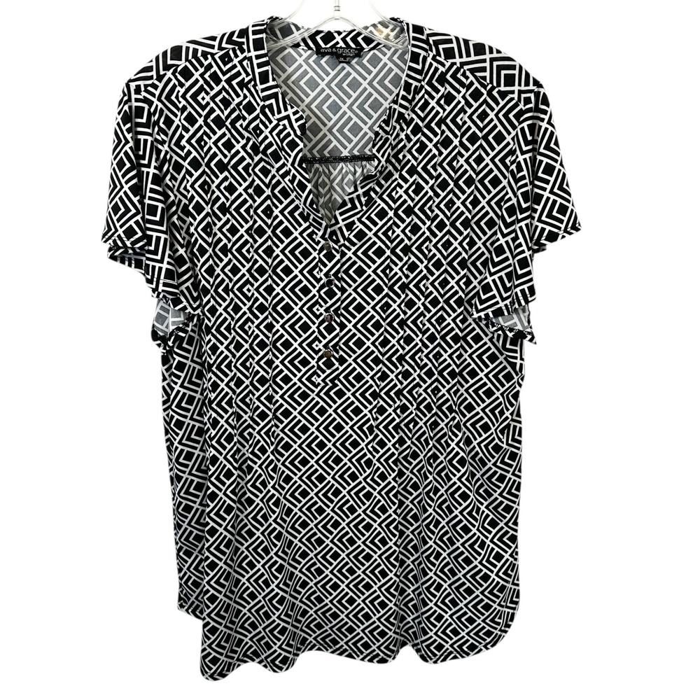Ava & Grace Plus Size 1X Top Black White Geometric Flutter‎ Sleeve Office 547